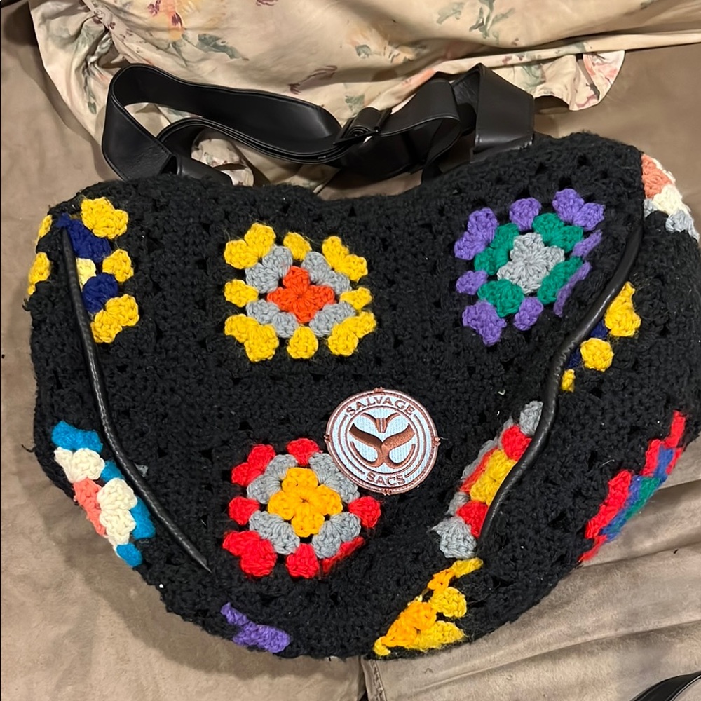 Salvage Sacs NWT Black and Multi Vintage Crochet Shoulder Bag. Leather opening.